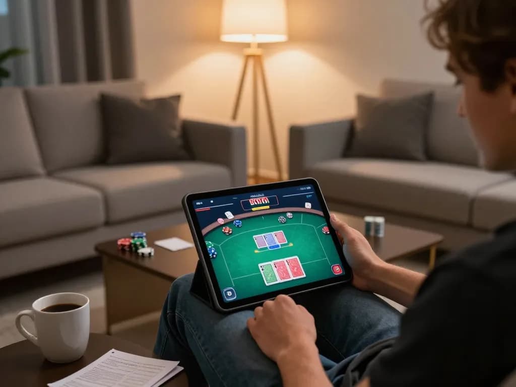 Person engaged in online poker with lucky88i on a tablet at home, showcasing a relaxed gaming atmosphere.