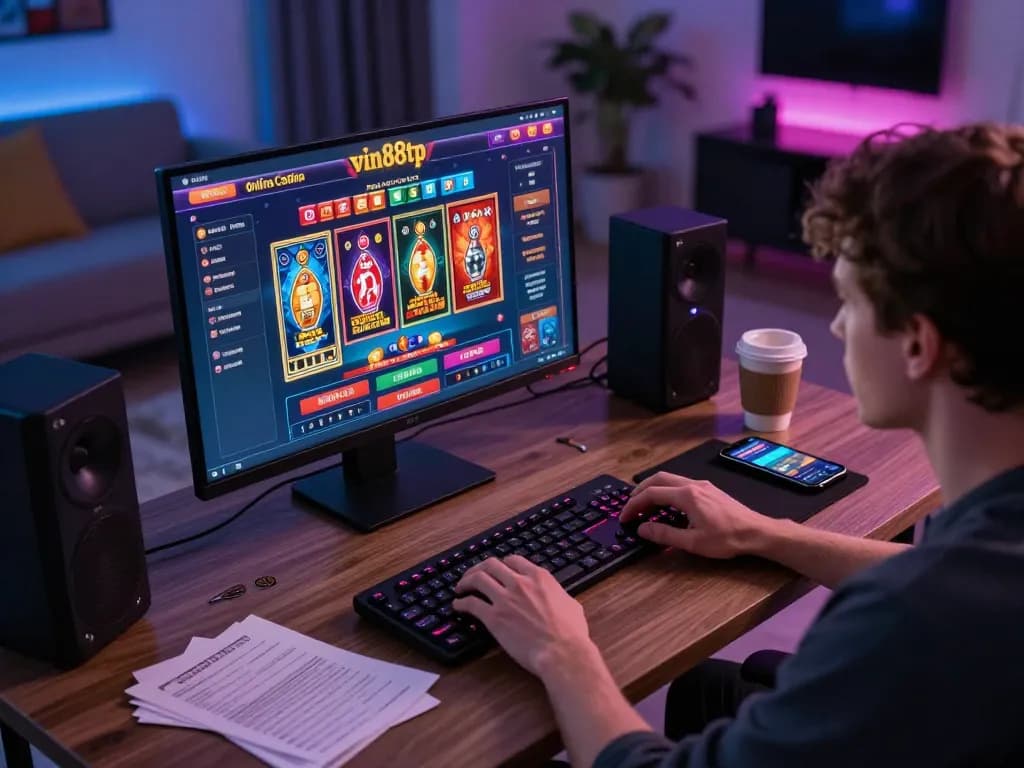The person engages with the vin88tp online casino interface in a stylish home gaming setup, focusing on strategic online play.