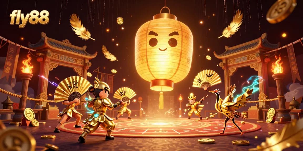 Experience the enchanting world of fly88 with a golden lantern spirit illuminating the casino night scene.