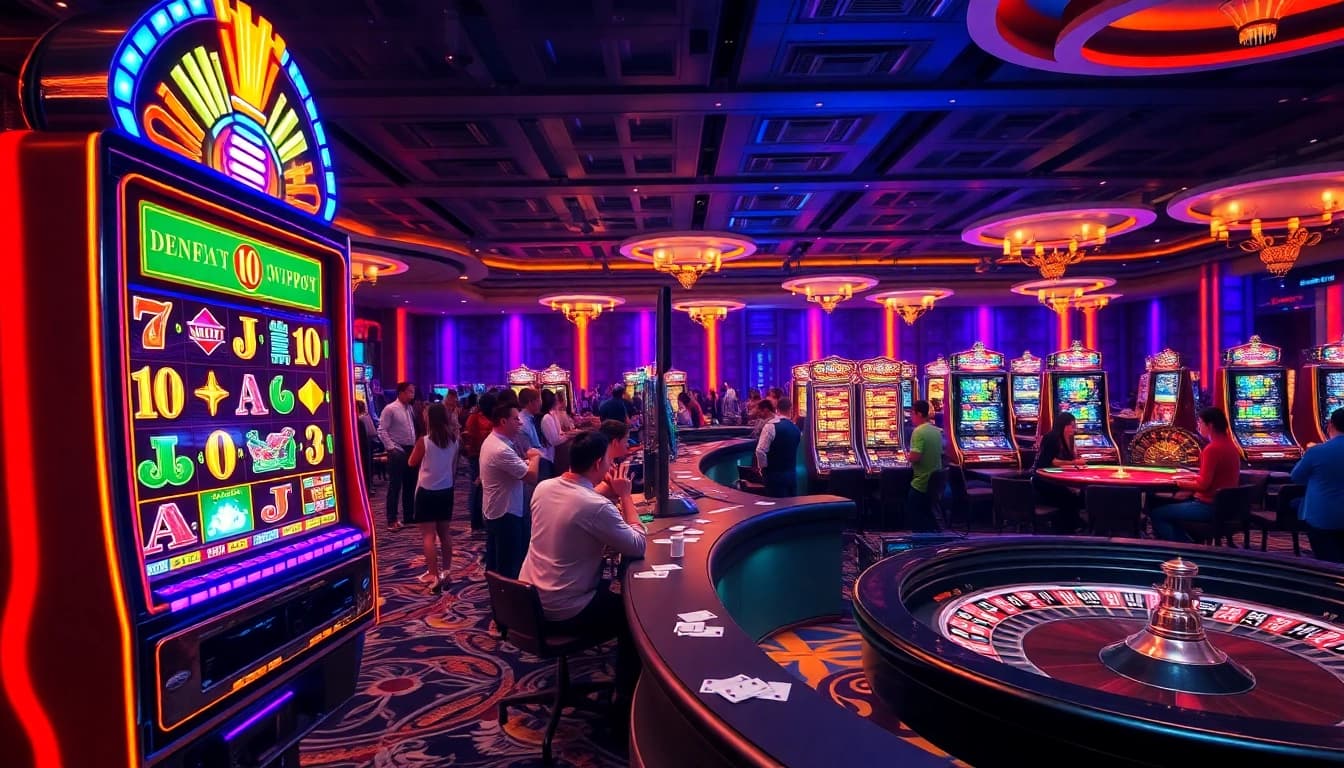 Nổ hũ slot machine with enthusiastic players in a vibrant casino atmosphere.