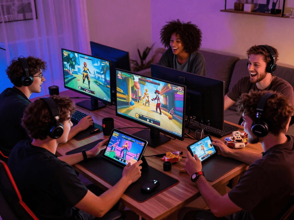 Engaged gamers playing sex games online in a vibrant, relaxed environment.
