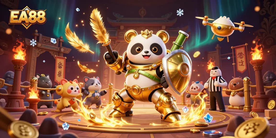 Engage with EA88 in a dynamic casino arena featuring a golden panda robot, rich game elements.