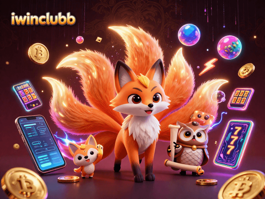 Engage with iwinclubb's vibrant and dynamic 3D cartoon casino illustration showcasing spirits and crypto elements.