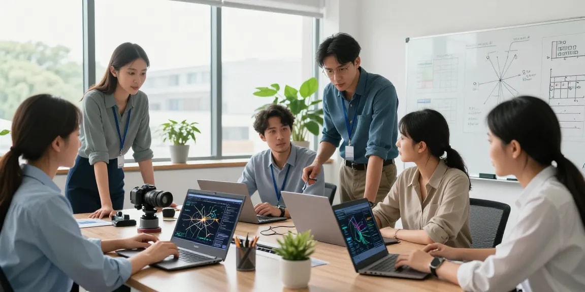 Team of engineers collaborating on advanced fiber optic network solutions in a modern office.