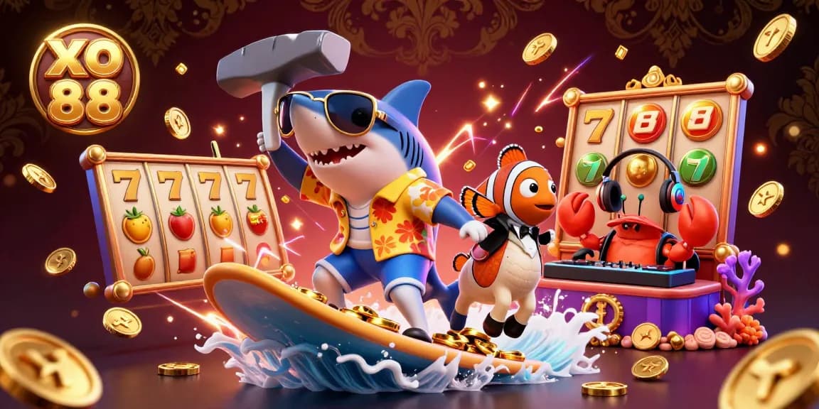 Surf thrilling moments with xo 88 as the shark, clownfish, and crab DJ create an exciting casino scene.