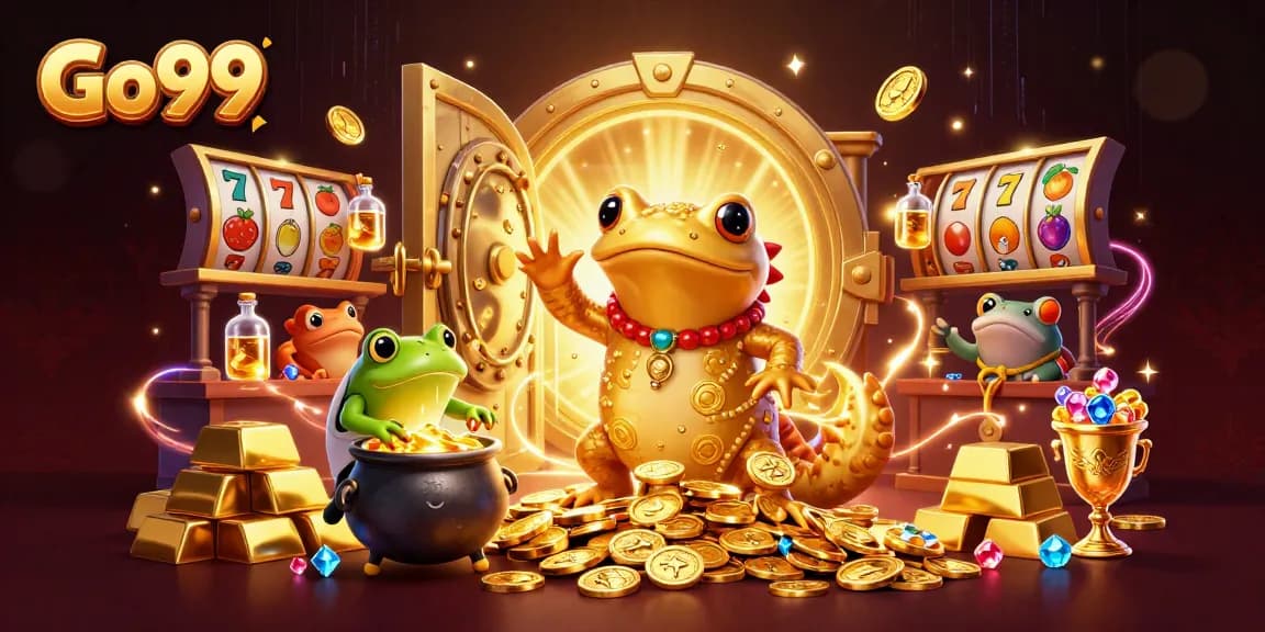 Experience thrilling adventures with Go99 in this vibrant 3D casino scene filled with golden riches.