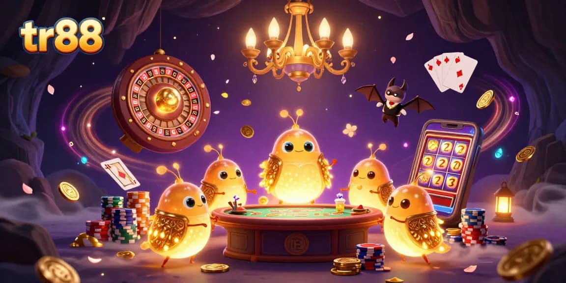 Experience the excitement of tr88 with glowworms lighting up a cavernous casino filled with coins and gems.