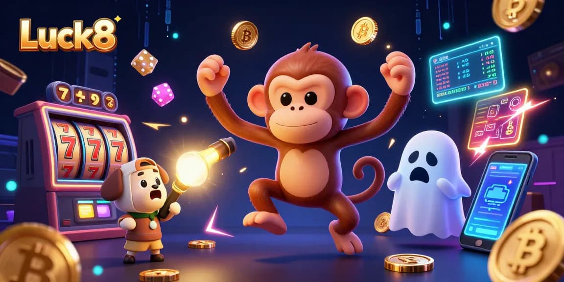 Luck8 showcases an exciting haunted casino scene with a mischievous monkey and ghost-hunter puppy amongst vibrant game elements.