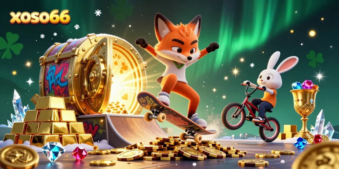 Xoso66 showcases a skateboarding fox and BMX rabbit in a vibrant casino illustrated scene.