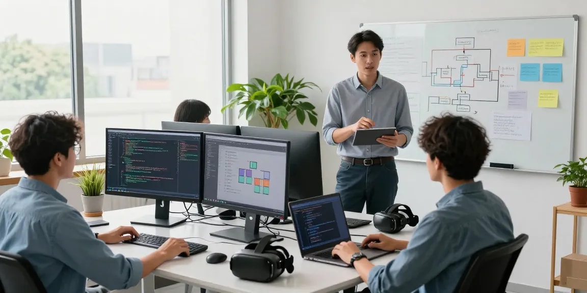 Team collaborating on all-in-one service software in a modern workspace, showcasing tech development and teamwork.