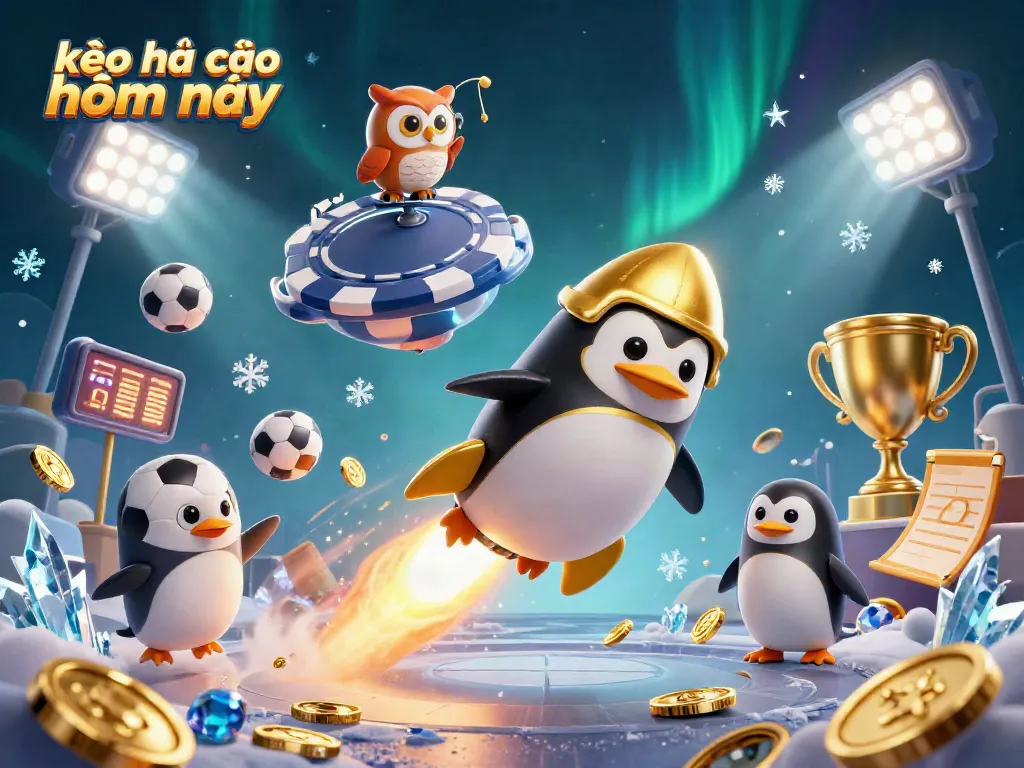 Betting strategies in kèo nhà cái hôm nay showcased by a 3D cartoon penguin and sports elements.
