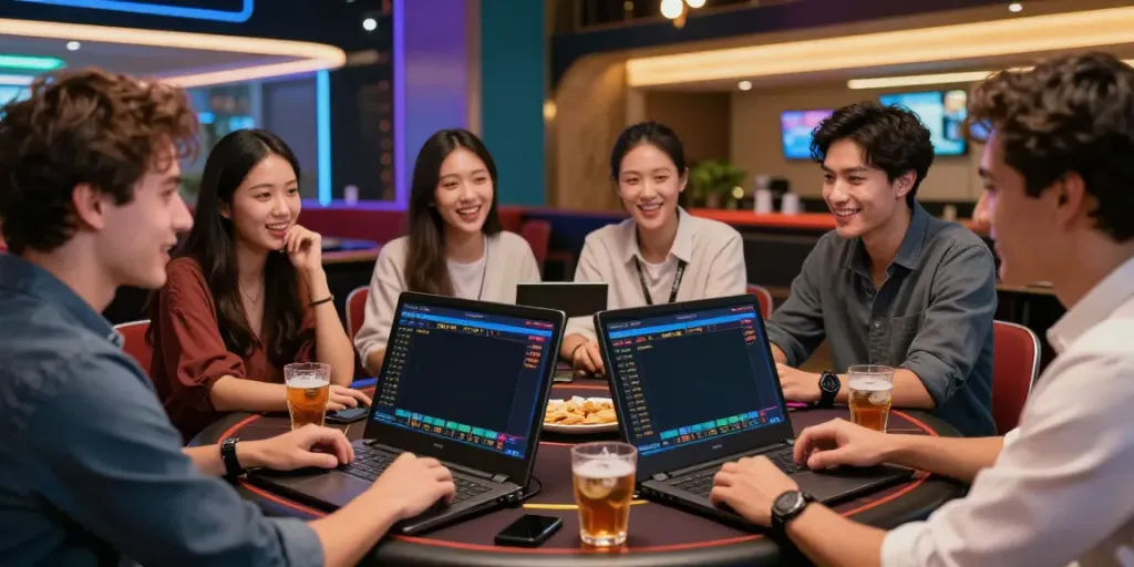 Group enjoying sports betting at vin88 casino with screens showing live events.