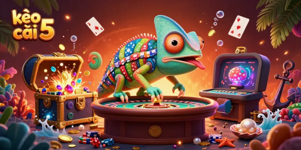 Engage with kèo nhà cái 5 as a vibrant chameleon casino owner captures golden coins amidst a bustling underwater scene.