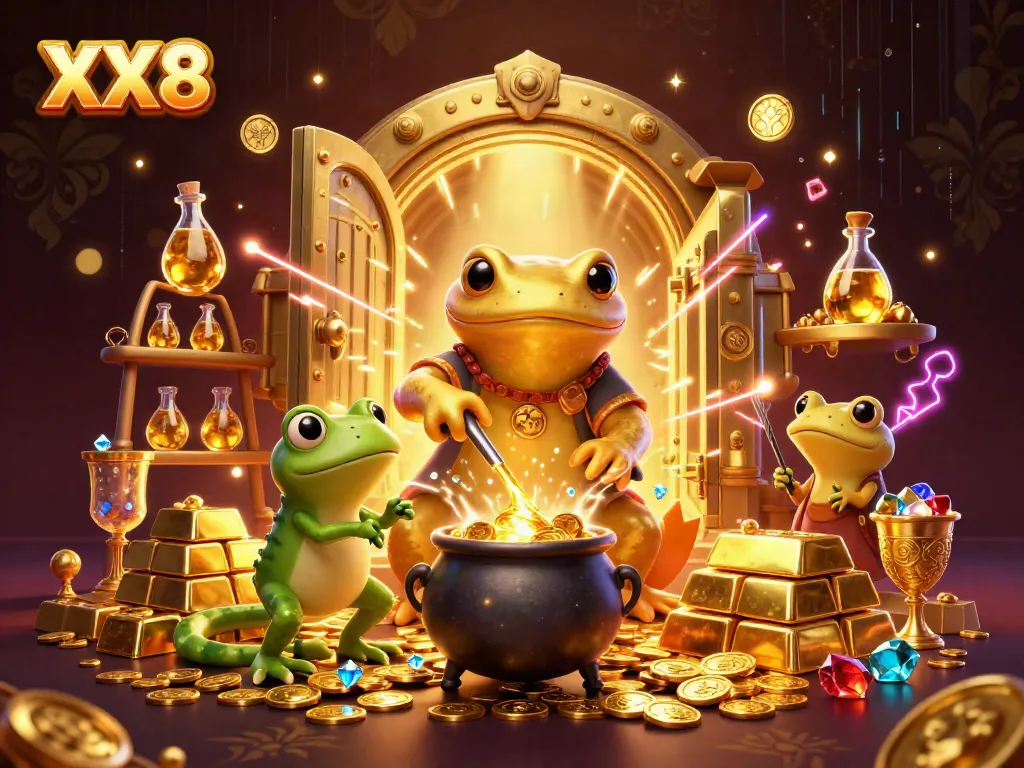 Experience the thrill of gambling with the XX8 alchemist transforming elements into gold coins within an enchanted casino.