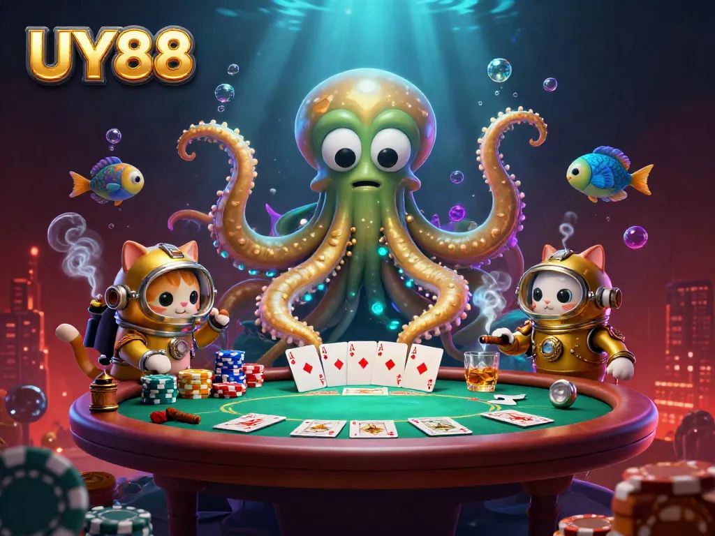 Experience thrilling adventures at UY88 with a colossal kraken and diving cat amid vibrant poker elements.