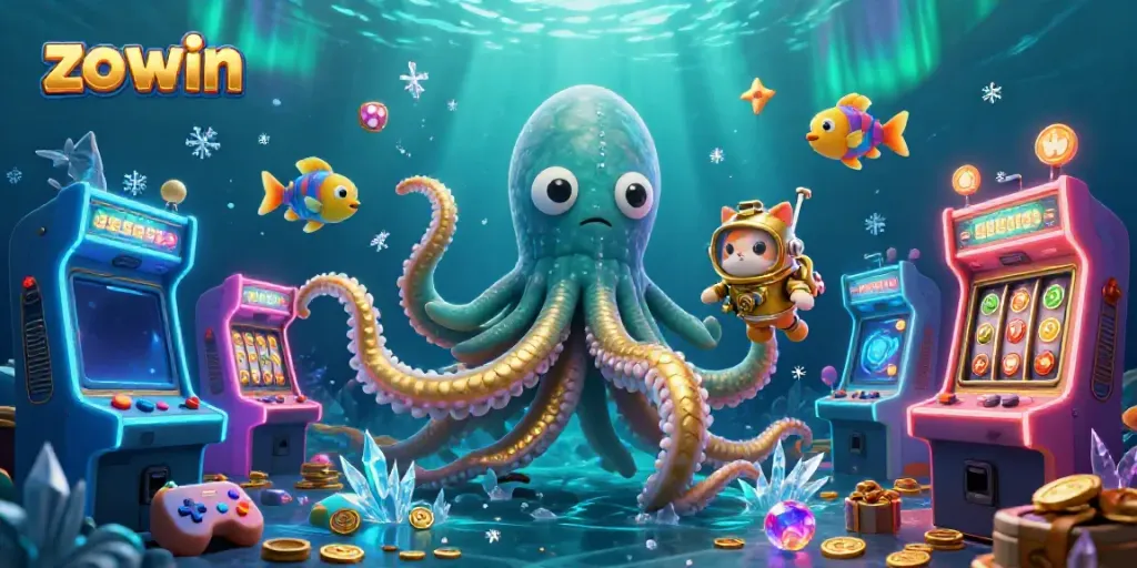 Experience the thrill of zo win with a kraken and diving cat in a vibrant casino-themed underwater adventure.