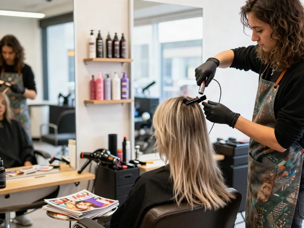 Seamless clip ins for thin hair being styled in a chic urban salon.