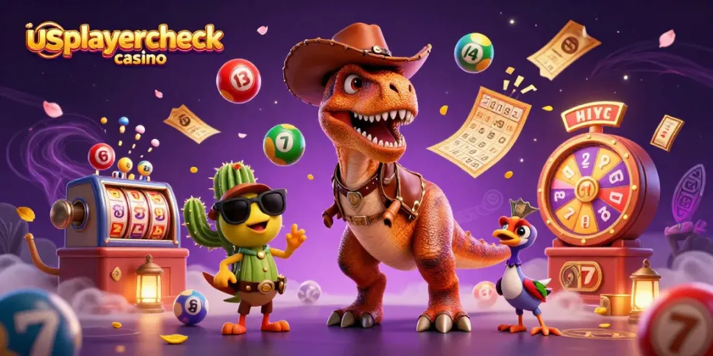 Engage in thrilling gameplay at usplayercheck casino with cartoon dinosaur and vibrant lottery elements.