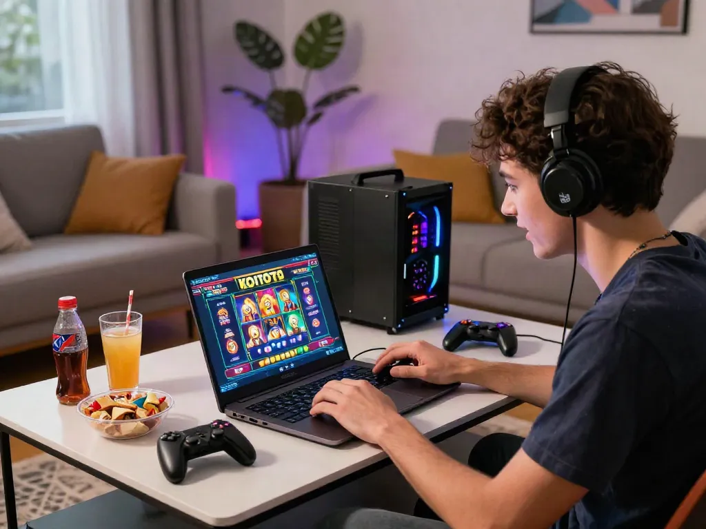 Online gamer celebrating a win on KOITOTO with colorful gaming setup and engaging atmosphere.