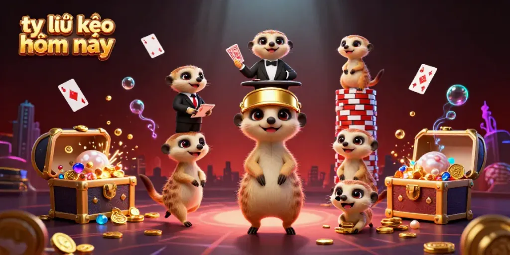 Tỷ lệ kèo nhà cái hôm nay depicted in a vibrant 3D illustration of meerkats orchestrating an exciting casino operation.