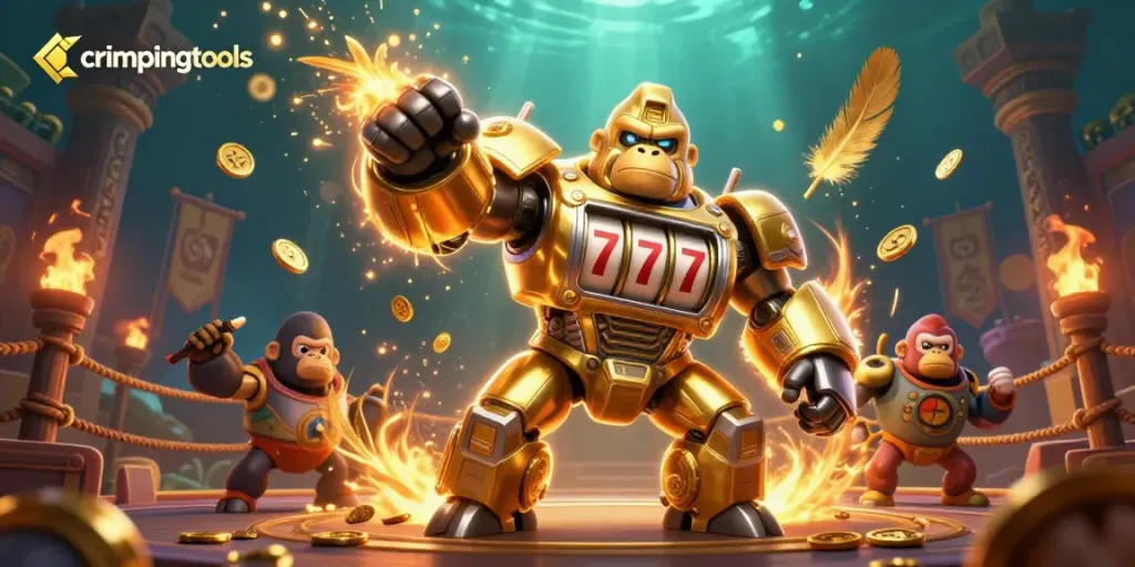 Engage with crimpingtools for winning connections, featuring a golden gorilla mech in an electrifying casino environment.
