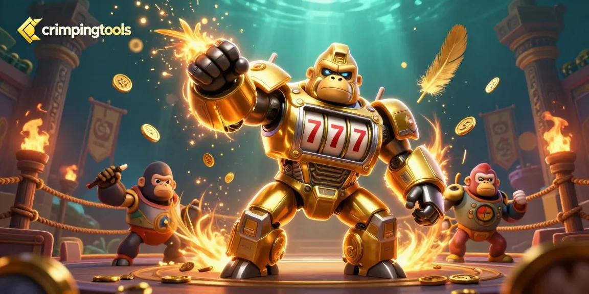 Engage with crimpingtools for winning connections, featuring a golden gorilla mech in an electrifying casino environment.
