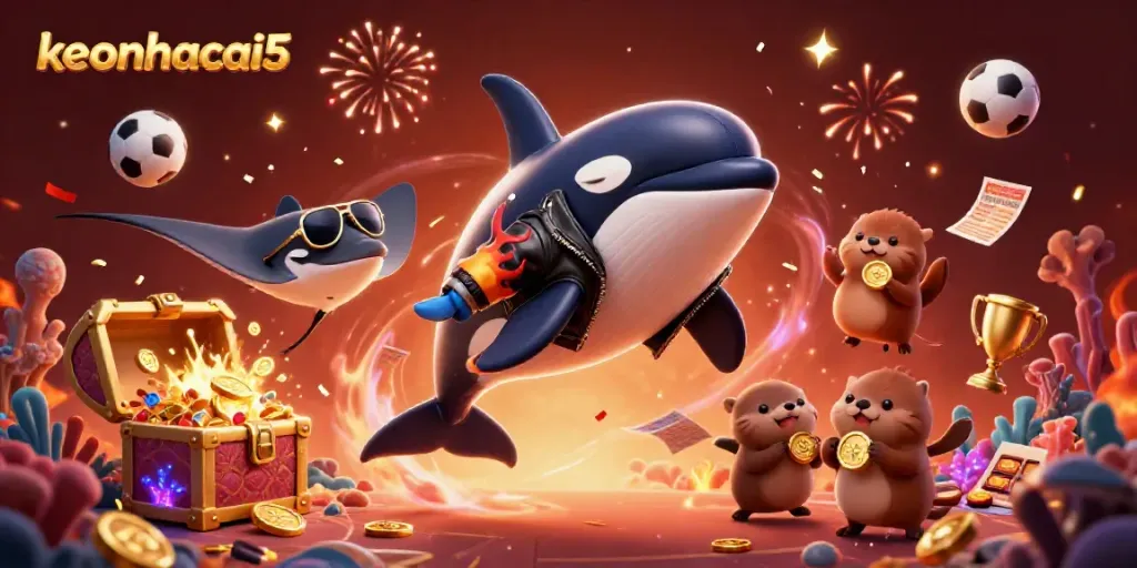 Engage with keonhacai5 for sports betting excitement with dynamic illustrations of sea creatures and gold coins.