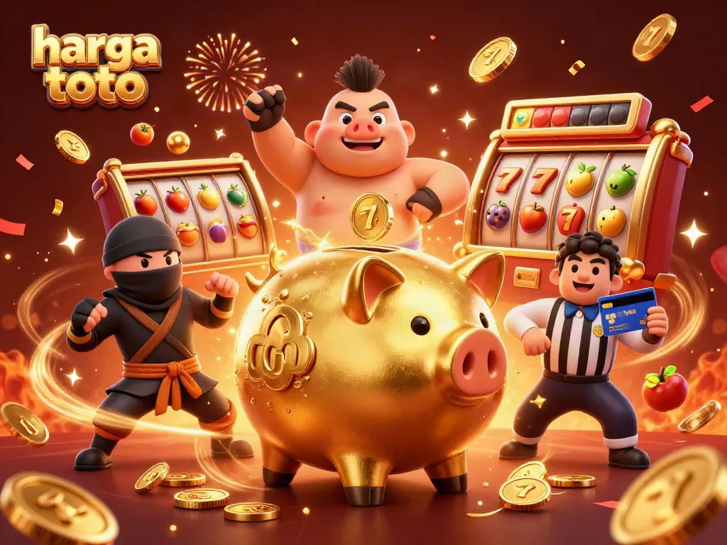 Experience the excitement of harga toto with an illustrated casino scene featuring a golden piggy bank sumo wrestler and prize-winning symbols.