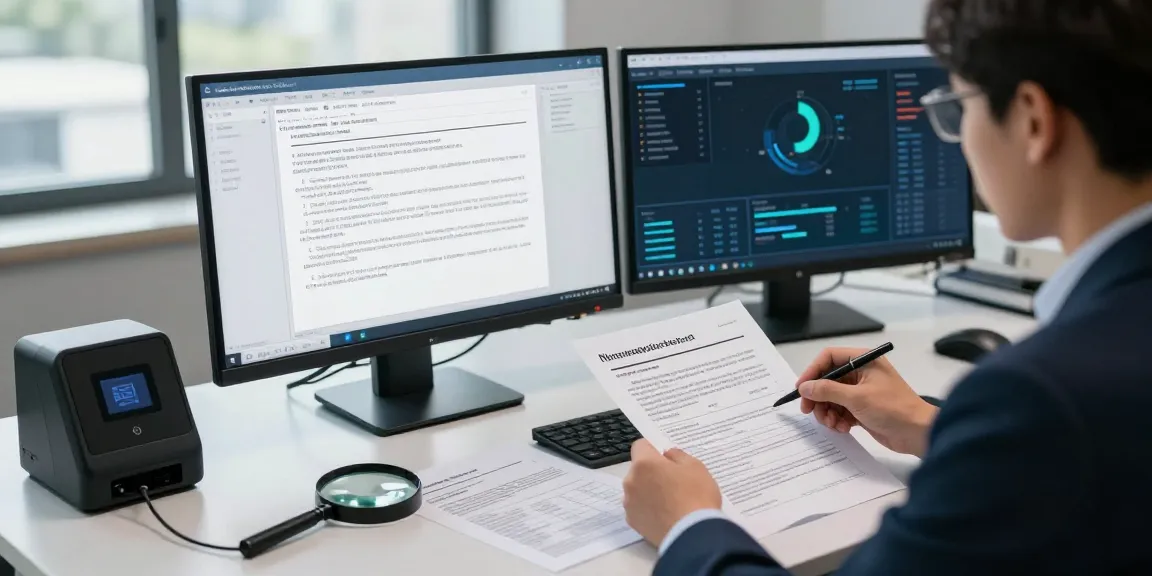 Document fraud detection analyst examining digital documents in a modern workspace.