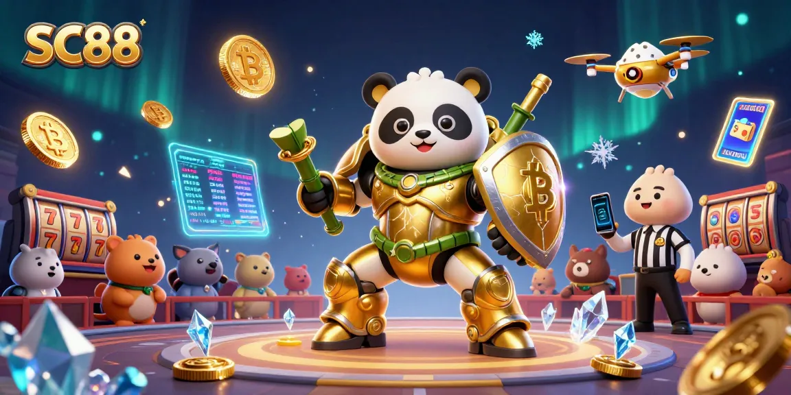 SC88 showcases a thrilling arena with a mech-suit panda and crypto elements in a vibrant casino scene.