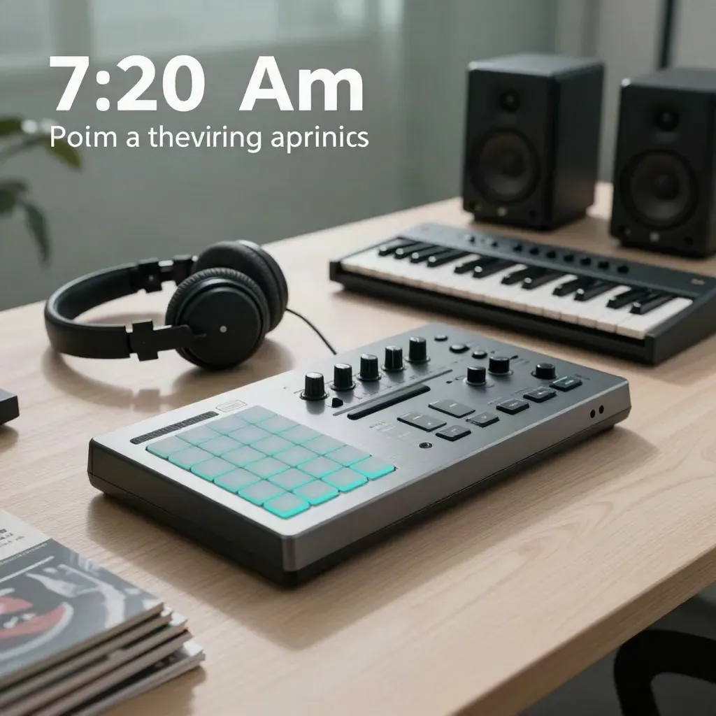 Moody gear scene with drum machine, synth, headphones, and sample sleeves on pale wood.