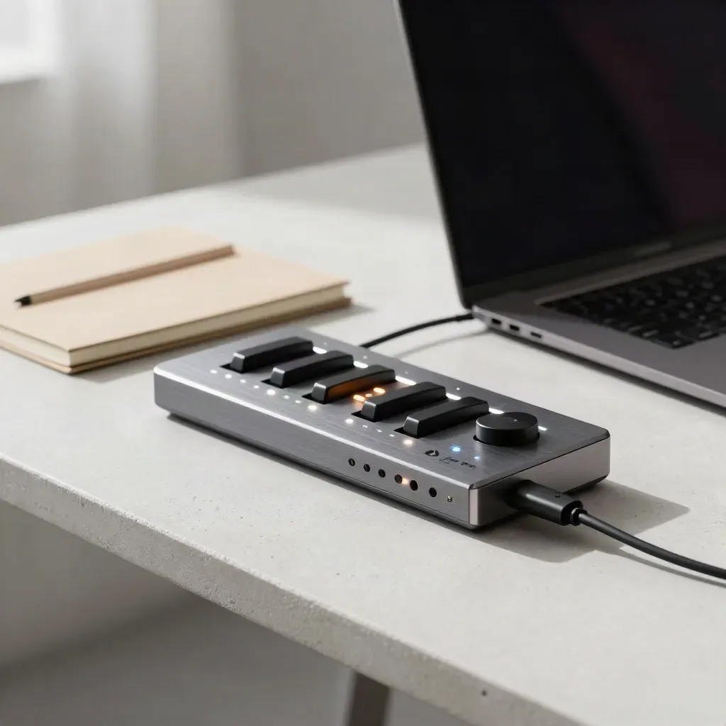Audio workstation on a white concrete desk with pulsing interface lights and a small keyboard