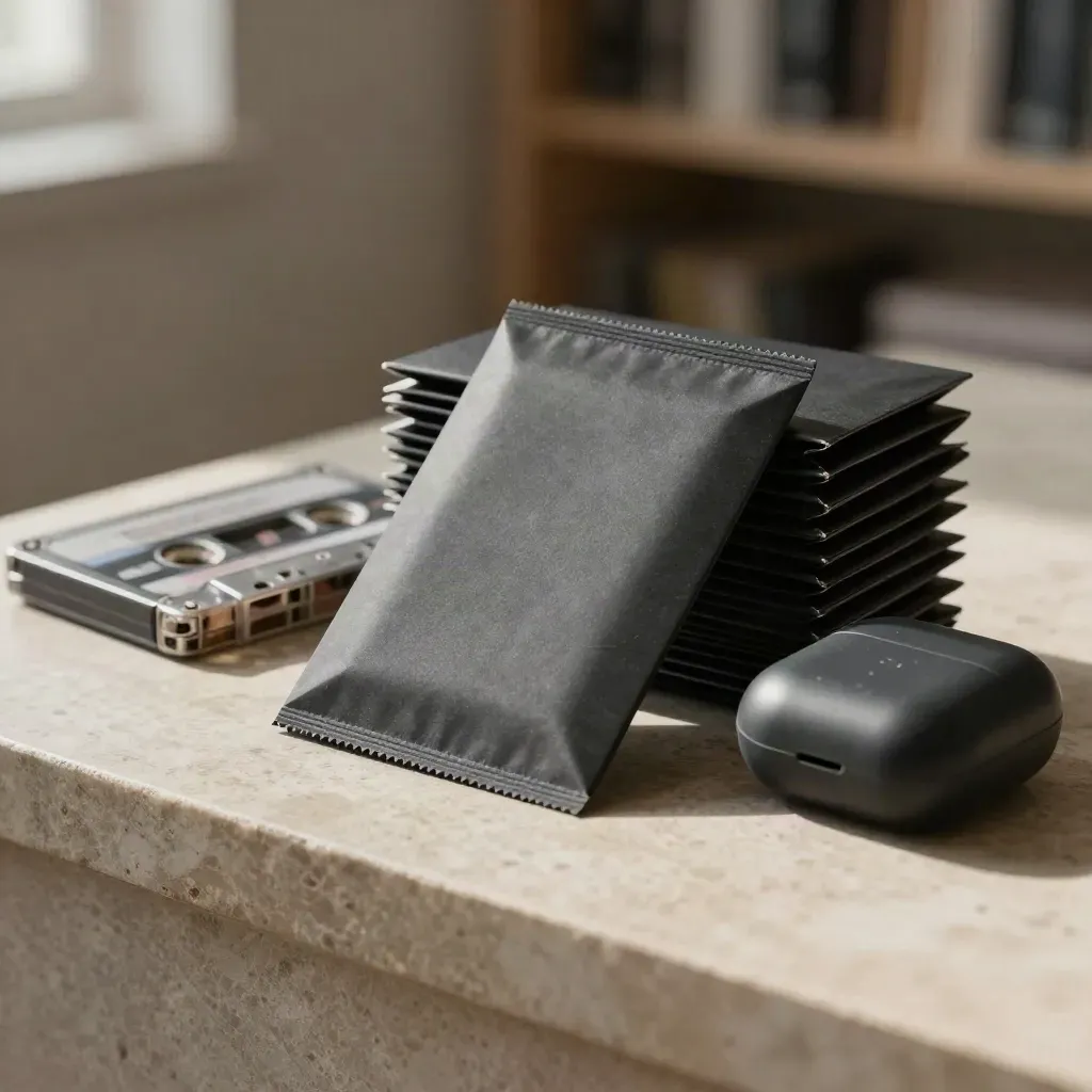 Charcoal sample-pack sleeves, cassette, and headphone case on stone in soft daylight.