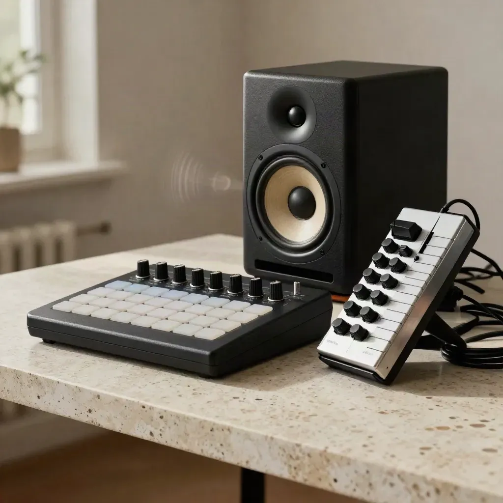 Kick pad controller, studio monitor and synth on travertine, thump cresting in warm studio haze