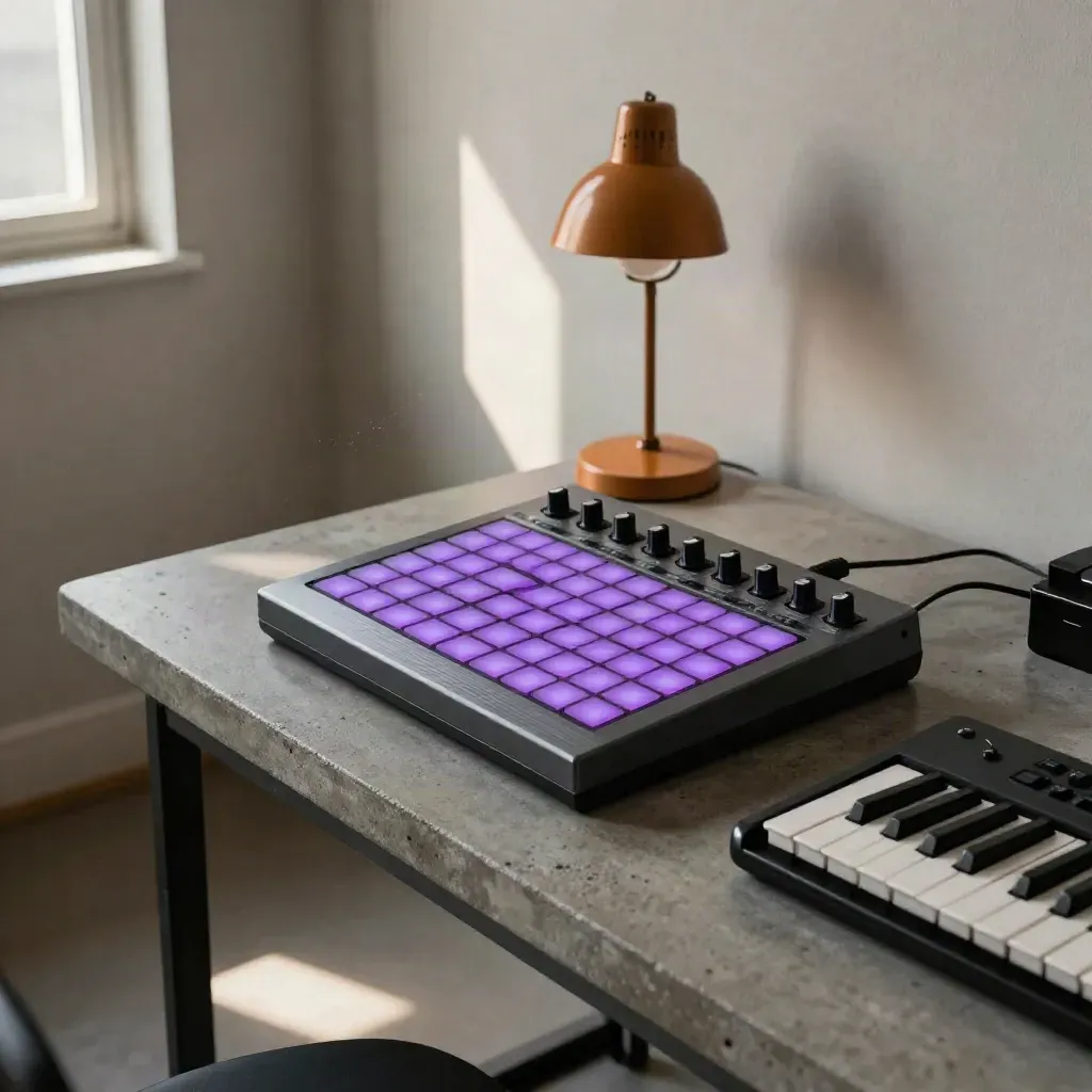 Drum pad controller, audio interface and compact keyboard on a concrete desk with violet-lit pads.