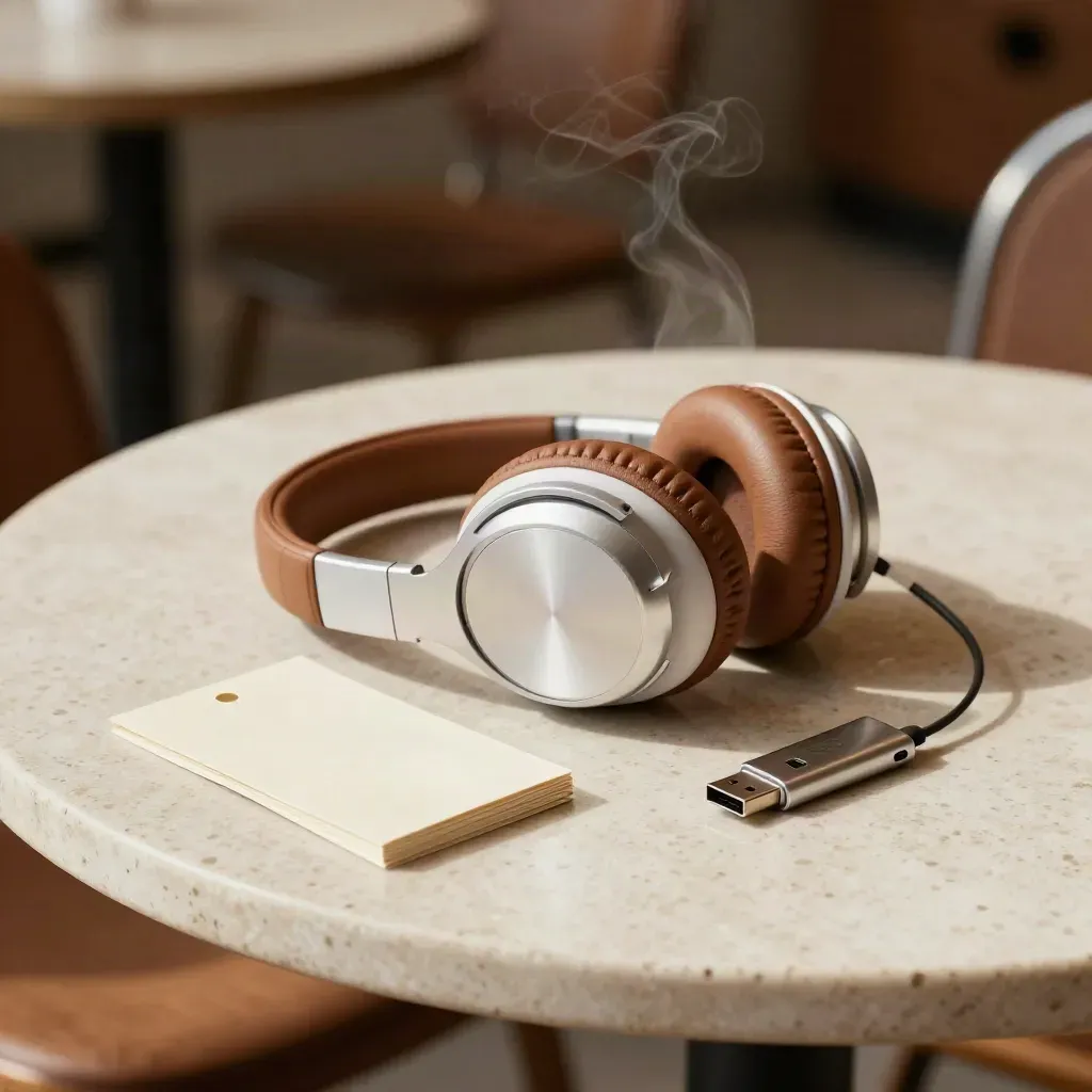 Headphones beside a sample sleeve and tiny USB drive on a travertine café table with drifting steam