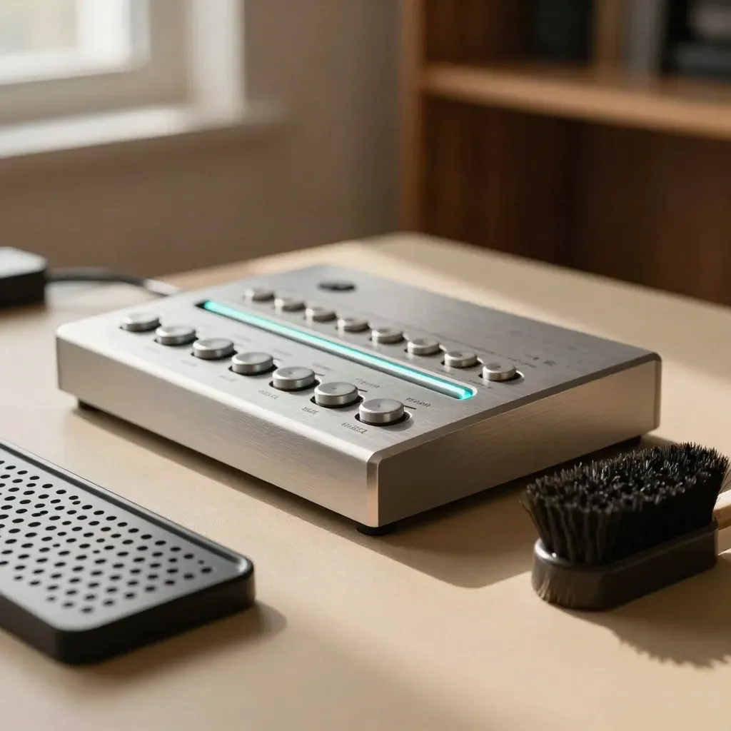Close-up of a hi-hat sequencer, metal tray, and brush on a matte desk in warm window light.