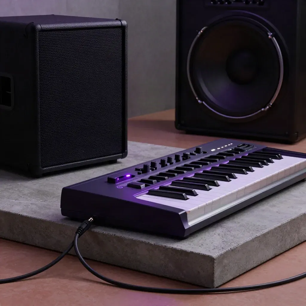 Bass synth, subwoofer and drum machine stacked on concrete, lit with violet cinematic haze