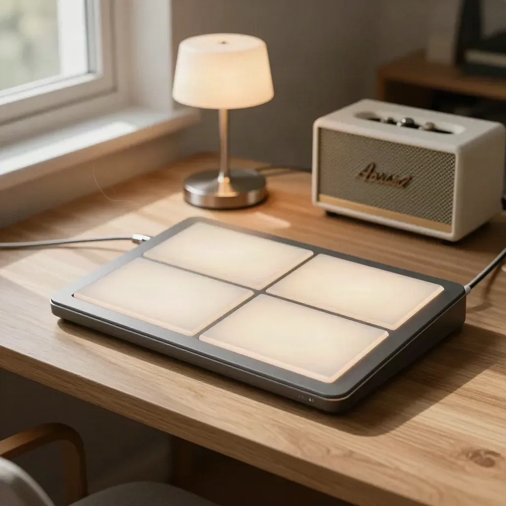 Pad controller, desk lamp, and speaker glowing in a cozy morning music corner.