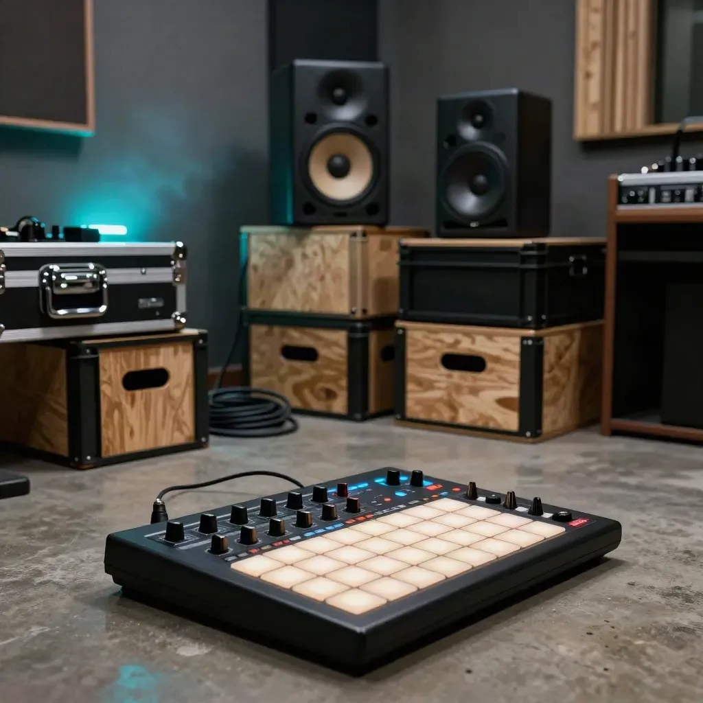 Moody studio corner with pad controller, towering speaker and sample crates lit by neon cyan.