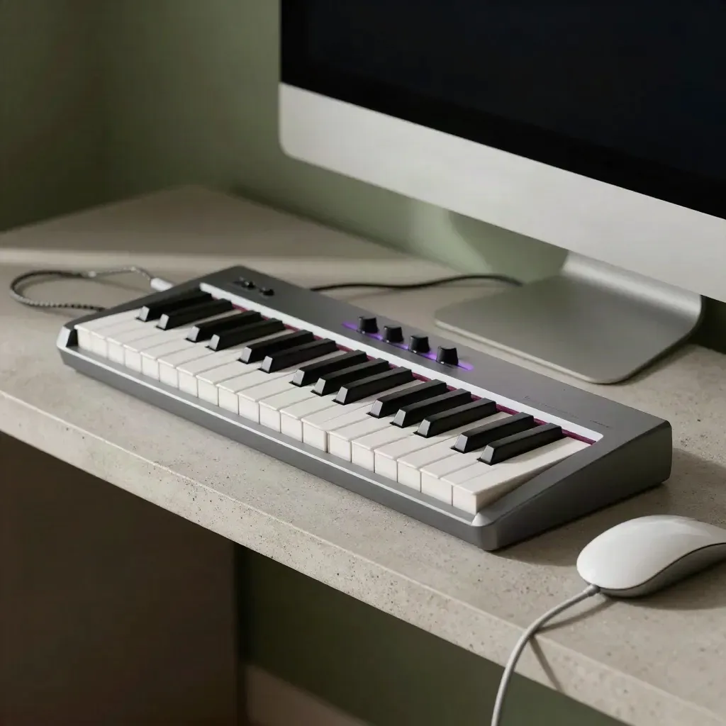 Keyboard controller mid-release beside a monitor glow and mouse on a narrow shelf.
