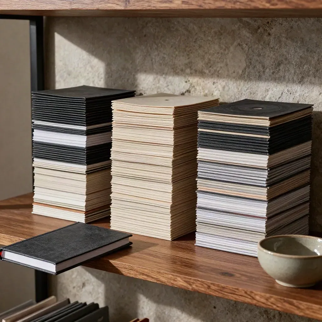 Tidy sample-pack sleeves, notebook, and ceramic bowl on a diagonal shelf in soft daylight.
