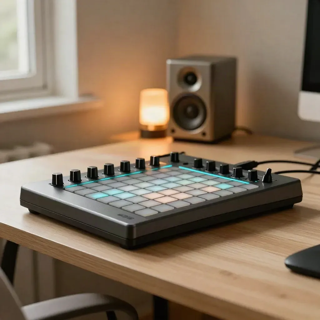Budget MIDI pad controller glowing on a tiny desk beside a lamp and speaker.