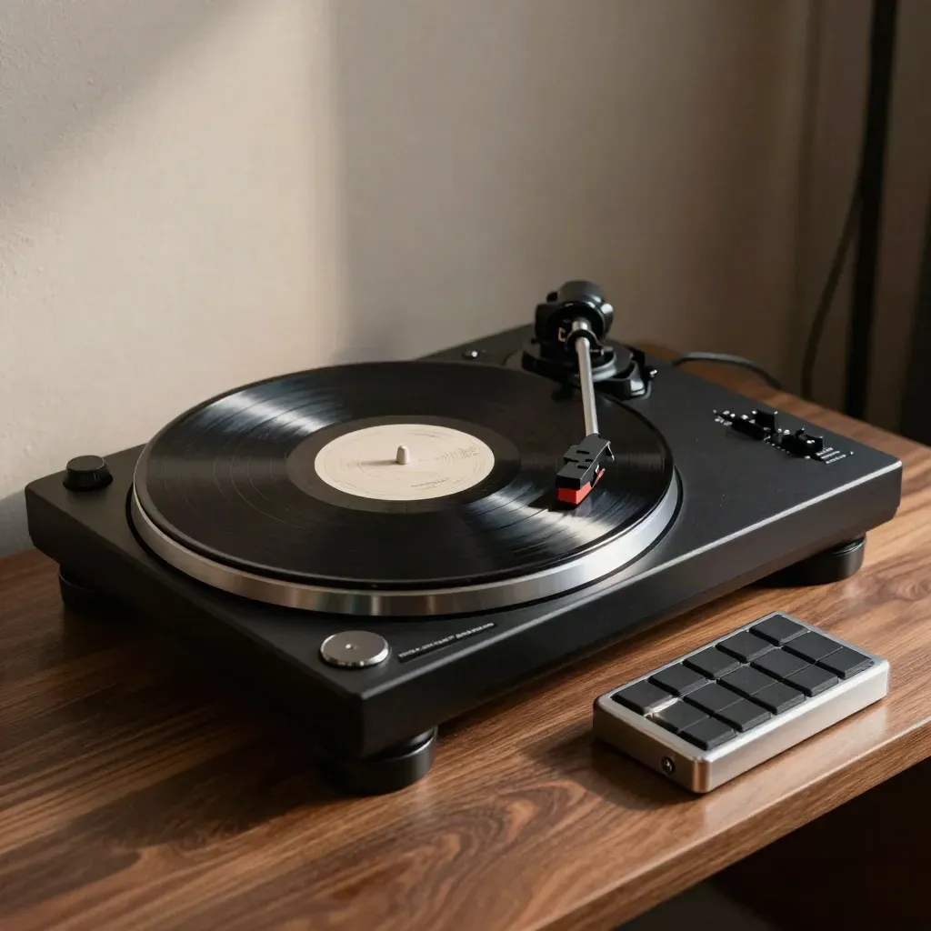 Turntable, spinning vinyl, and compact sampler on walnut wood in dramatic low light.
