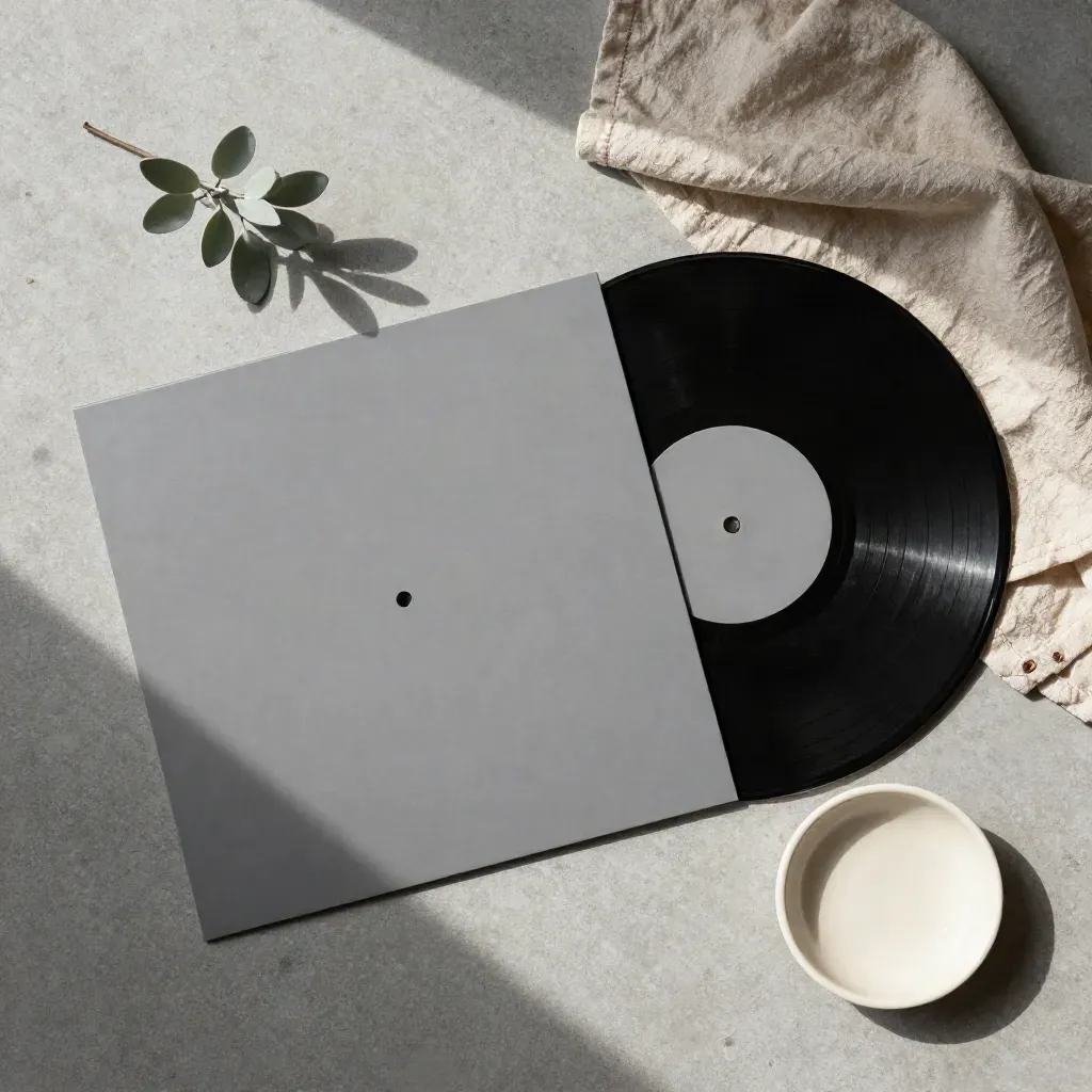 Overhead vinyl 7-inch half out of sleeve with linen, dish, and tiny plant on concrete