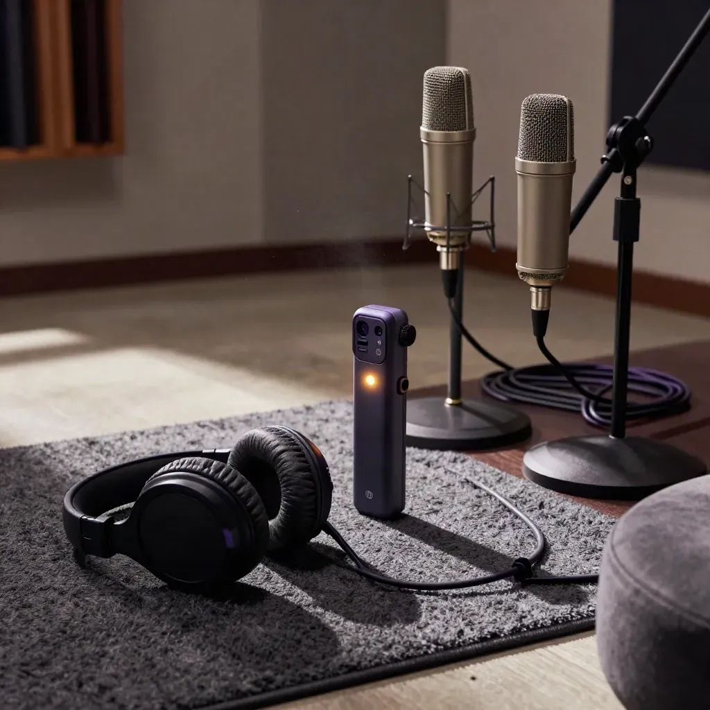Recorder, headphones and two mics on stands resting on a rug and stool in soft studio light