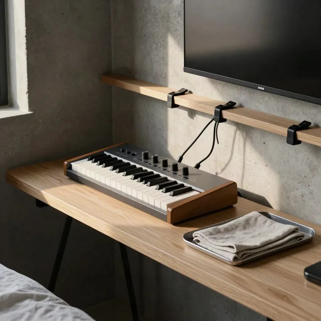 Bedroom music nook with tiny synth, monitor arms, and neatly clipped cables in warm afternoon light.