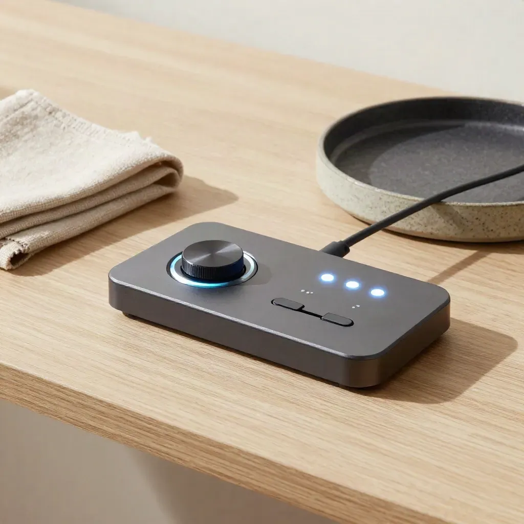 Control surface with lit encoder, folded cloth, and ceramic tray on pale oak.