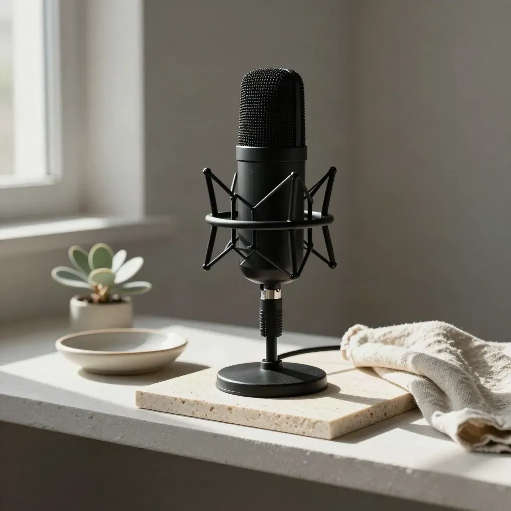 Matte-black studio microphone in a stone tray with a plant, dish, and folded cloth.
