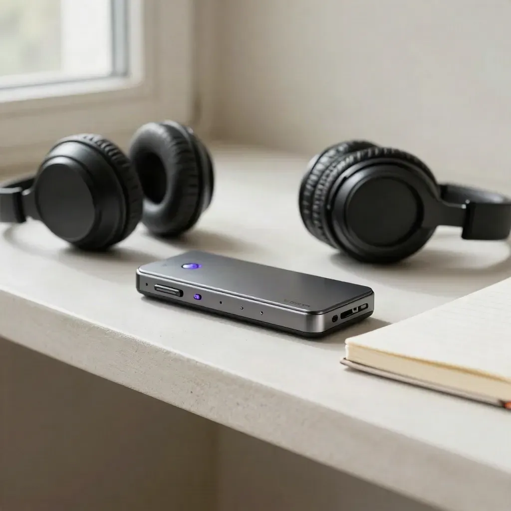 Audio recorder, headphones, and folded notebook on a plaster shelf under soft window light.